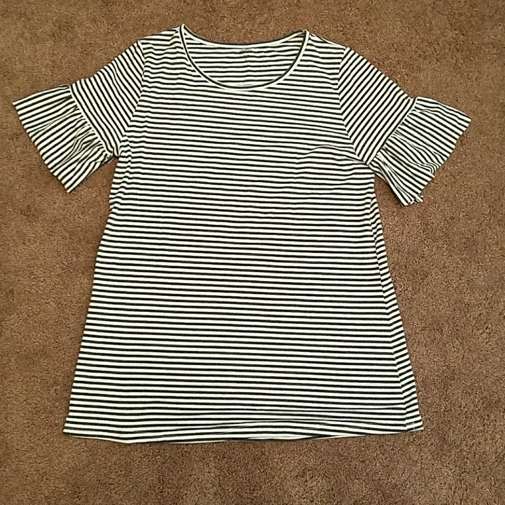 White and charcoal striped bell sleeve top